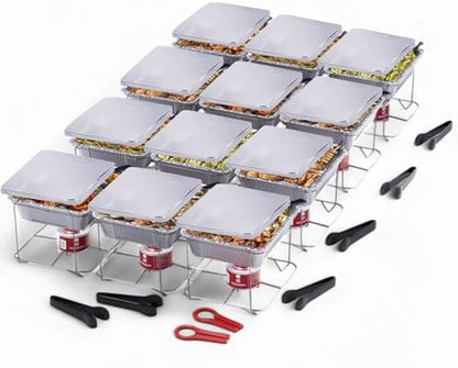 12 Pack - Disposable Chafing Dish Buffet Set, Welded Body Food Warmers for Parties, 2hr Fuel Cans Complete Set, Half Size Pans, Warming Trays