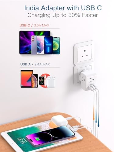 2 Pack India Power Adapter, One Beat Type D Plug Adapter with 3 American Outlets 3 USB Ports(1USB C), 6 in 1 India Travel Plug Adapter for US to India, Bangladesh, Kuwait, Maldives