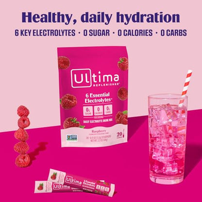 Ultima Replenisher Daily Electrolyte Powder Drink Mix – Sugar Free – Raspberry, 20 Stickpacks – Hydration Packets with 6 Key Electrolytes and Trace Minerals – Keto Friendly, Vegan, Non-GMO