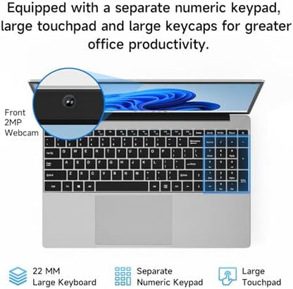 15.6 Inch Laptop with Office 365, 4GB RAM, 128GB Storage Expandable 1TB, 5205U Processor, HD Display, Windows 11 Laptops Computer, Wi-Fi 5, BT4.2, Numpad, Type-C, for Business and Students.