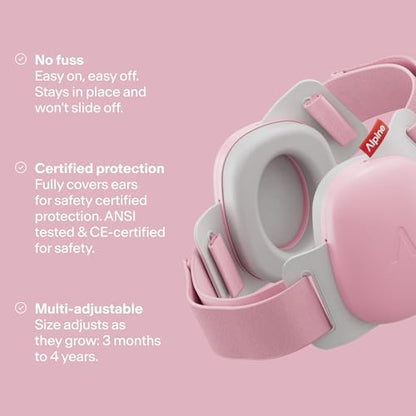 Alpine Muffy Baby Comfort - Protects Hearing for Babies and Toddlers - CE & ANSI Certified - Unique Headband for Safe fit & Comfort - Multi-adjustable for Ages 3-48 Months - 24dB Sound Reduction, Pink