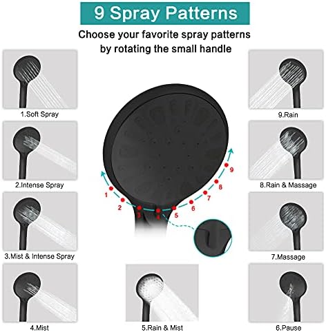 Shower Head, 8‘’ High Pressure Rainfall/Handheld Shower Combo with 11'' Extension Arm, 9 Settings, Anti-leak Shower Head with Holder, Height/Angle Adjustable, Chrome, Matte Black