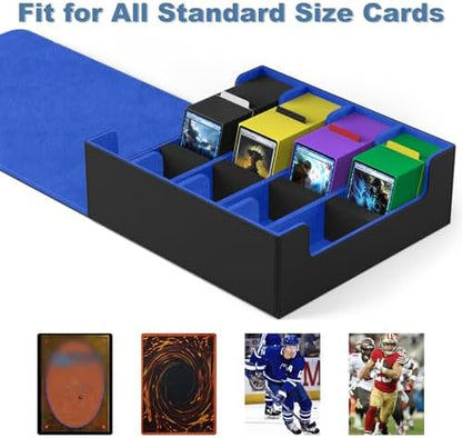 Mlikero Card Deck Case, 2400+ Trading Card Storage Box with 10 Colorful Dividers and 4 Foam Stoppers, Leather Magnetic Closure Commander Deck Box Fit for MTG, TCG (4 Rows, Black&Blue)
