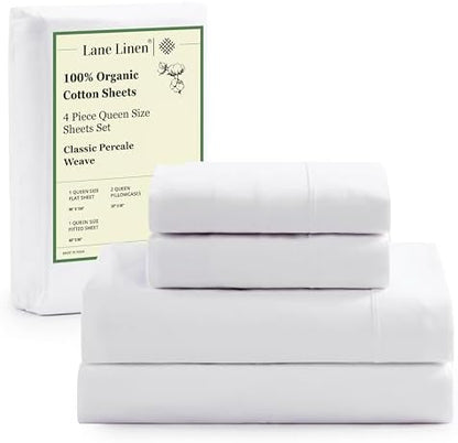 LANE LINEN Eco Friendly 100% Organic Cotton Queen Sheet Set, Soft & Comfy Fully Elasticized 15" Deep Pocket Bed Sheets, Low Pill Naturally Cooling Machine Wash Sábanas Queen- White Bed Sheets