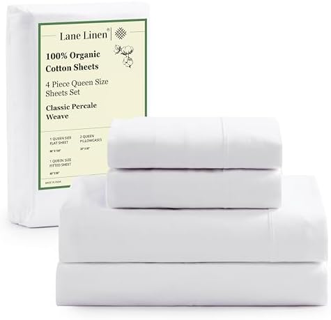 LANE LINEN Eco Friendly 100% Organic Cotton Queen Sheet Set, Soft & Comfy Fully Elasticized 15" Deep Pocket Bed Sheets, Low Pill Naturally Cooling Machine Wash Sábanas Queen- White Bed Sheets