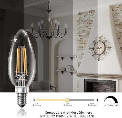 TJOY LED Candelabra Bulbs Dimmable, 60W Equivalent Chandelier Light Bulb, E12 Small Base, 4.5W 2700K Soft Warm White, B11 Vintage Filament Clear Glass Candle Light for Ceiling Fan Chandeliers, 12Pack