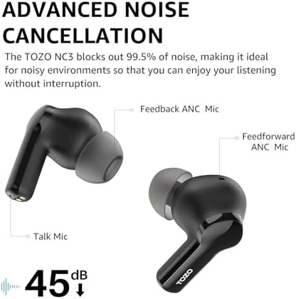 TOZO NC3 Hybrid Active Noise Cancelling Wireless Earbuds with 6 Mics AI Clear Call Ear Buds 55H Playtime with LED Display 32 Preset EQs via APP Bluetooth 5.3 IPX8 Waterproof in Ear Headphones