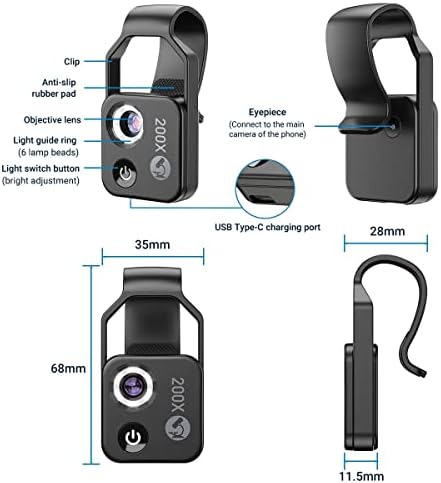 200X Phone Mini Pocket Microscope with LED Light/Universal Clip, Portable Digital Microscope Camera Attachments for 99% Smartphone, Microworld for Kids Adults (Black, 200X Without CPL)