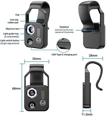 200X Phone Mini Pocket Microscope with LED Light/Universal Clip, Portable Digital Microscope Camera Attachments for 99% Smartphone, Microworld for Kids Adults (Black, 200X Without CPL)