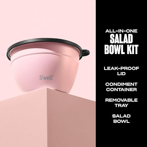S’well Stainless Steel 64oz Salad Bowl Kit, Pink Topaz Color, Comes with 2oz Mini Canister and Removable Tray for Organization, Leakproof and Dishwasher Safe
