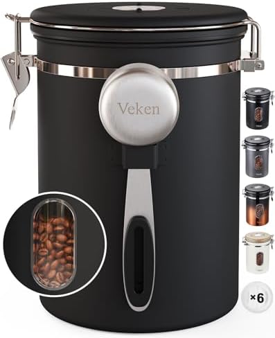 Veken Coffee Canister with Window,Airtight Stainless Steel Container,Home Kitchen Food Storage Organizers for Grounds,Beans,Espresso,Rice,Tea,Sugar,Flour, Cereal,Scoop,Bar Accessories,Gifts,22OZ,Black
