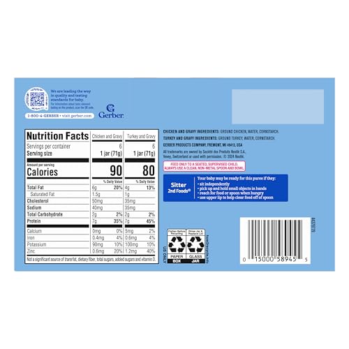 Gerber Stage 2 Baby Food, Chicken & Turkey Variety Pack Jars, Mealtime Poultry Puree, Baby Food Puree,12-Pack