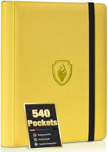Premium 9 Pocket Card Binder for 540 Cards, Fabmaker PU Cover Trading Card Binder, Sturdy Card Collection Album, Sleek Card Holder Folders for YuGiOh, MTG, TCG, Game Cards & Sports Cards, Yellow