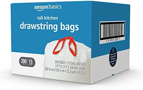 Amazon Basics Trash Bags, Tall Kitchen Drawstring, Unscented, 13 Gallon, 200 Count, Pack of 1