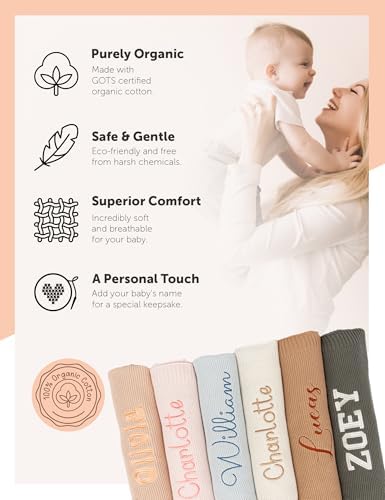 Personalized Baby Blanket, 100% Organic Cotton GOTS Certified, Custom Baby Blanket with Name, Customized Swaddle Blanket with Name, Knit Recieving Blankets for Boys and Girls