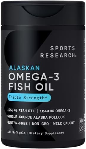 Sports Research Triple Strength Omega 3 Fish Oil - Burpless Fish Oil Supplement w/EPA & DHA Fatty Acids from Single-Source Wild Alaskan Pollock - 1250 mg, 180 ct