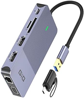 USB Docking Station GIQ USB C HUB USB 3.0 to Dual HDMI VGA Adapter Triple Display USB C Laptop Docking Station Dual Monitor HDMI Splitter Extender Compatible with MacBook M1 M2 USB Dock-Grey