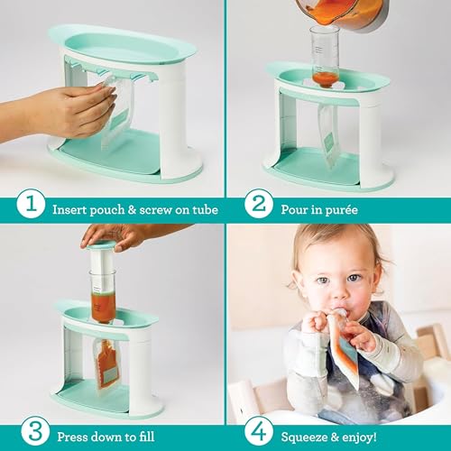 Infantino Squeeze Station, Baby Food Maker & Pouch Filler, Fill 3 Reusable Pouches at Once, Easy to Use, Dishwasher Safe, Homemade Baby Food Prep Essential, Teal