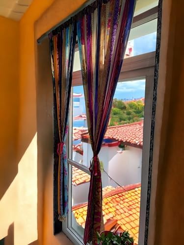 Mango Gifts Old Silk Sari Multicolor Ribbon Doorway Curtain Hippie Bohemian Room Divider Light-Filtering Boho Curtains Rod Pocket Window Drape for Livingroom Bedroom 85 x 45 Inch