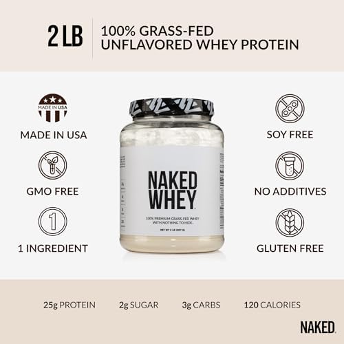 NAKED Whey 2LB 100% Grass Fed Whey Protein Powder - Only 1 Ingredient, Unflavored Whey Protein, Undenatured, Gluten Free, Soy Free, No GMOs, No Preservatives