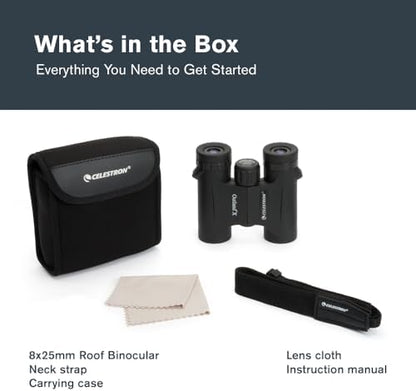 Celestron - Outland X 8x25 Binoculars – Ideal for Birding and Outdoors – 25mm Objective Lenses – Wide 8.2° Field of View – BaK-4 Prisms – Multi-Coated – Waterproof and Fogproof