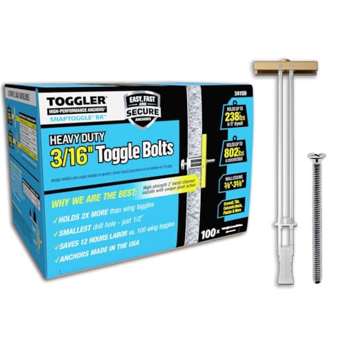 TOGGLER SNAPTOGGLE Heavy-Duty Drywall Toggle Bolt – 3/16"-24 UNC Zinc-Plated Anchor for Hollow Walls, Plaster & Tile – Holds 238 lbs in 1/2" Drywall, Easy Install – 100 Pack (W/Flathead Bolts)