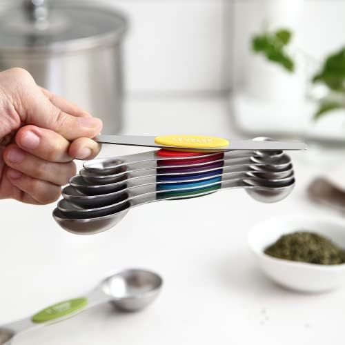 Spring Chef Multicolor Stainless Steel Magnetic Measuring Spoons Set of 8 with Leveler, Nesting Metal Teaspoon & Tablespoon Measuring Spoons, Kitchen Gadgets for Baking & Cooking - 2 Pack