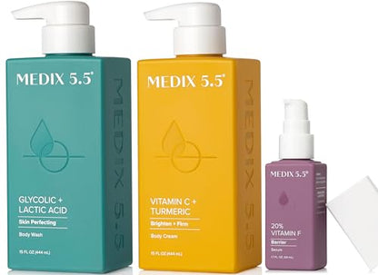 Medix 5.5 Anti Aging Skin Care 3PC Set | Vitamin C Body Cream + Exfoliating AHA Glycolic Acid Foaming Face & Body Wash + Vitamin F Booster Serum, Wash + Treat + Hydrate Skincare Set