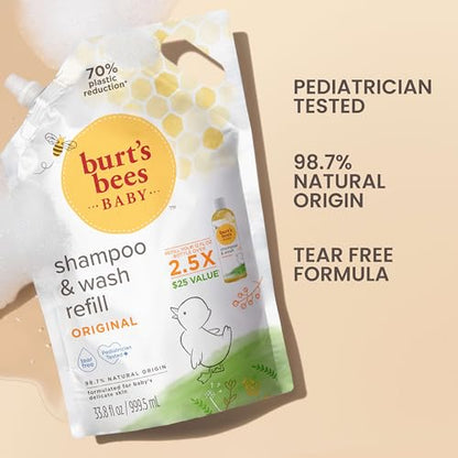 Burts Bees Baby Shampoo and Baby Wash Refill, Original, Plant-Based Formula, Tear-Free, Pediatrician-Tested, Natural Origin, Gently Cleans Sensitive Skin and Hair, 33.8 Fl Oz