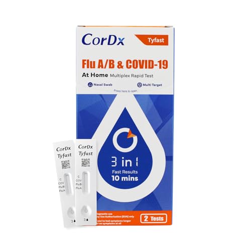 CorDx TyFast Flu A/B & Covid 19 Multiplex Rapid Test, 10 Mins at Home, EUA Authorized, 3 in 1 Combo Kit, 2 Tests