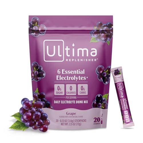 Ultima Replenisher Daily Electrolyte Powder Drink Mix – Sugar Free – Grape, 20 Stickpacks – Hydration Packets with 6 Key Electrolytes and Trace Minerals – Keto Friendly, Vegan, Non-GMO