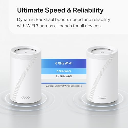 TP-Link Deco BE63 Tri-Band WiFi 7 BE10000 Whole Home Mesh System - 6-Stream 10 Gbps, 4x2.5G Ports Wired Backhaul, 4X Smart Internal Antennas, VPN, MU-MIMO, HomeShield, Free Expert Support (3-Pack)
