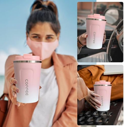YINBAOGE Insulated Travel Coffee Mug Spill Proof Leak Proof Pobtable To Go Camping Stainless Steel Coffee Tumbler Reusable Coffee Cups with Lids Thermos for Hot and Cold Drink (2nd-Pink White, 17 OZ)