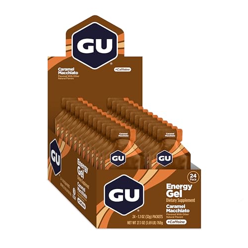 GU Energy Original Sports Nutrition Energy Gel, Vegan, Gluten-Free, Kosher, and Dairy-Free On-the-Go Energy for Any Workout, 24-Count, Caramel Macchiato
