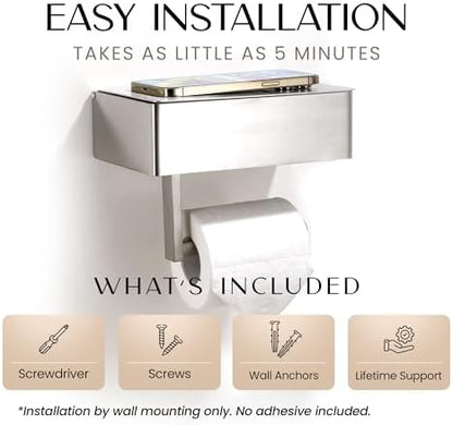 Day Moon™ Chrome Toilet Paper Holder with Shelf - Wipe Holder for Bathroom, Flushable Wipes Dispenser, Toilet Paper and Wipes Holder