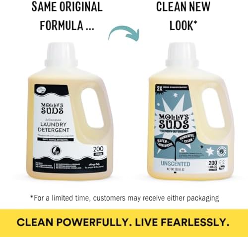 Molly's Suds Liquid Laundry Detergent | Clean Laundry Detergent Soap for Sensitive Skin | 2x Concentrated, High Efficiency (HE) (Unscented - 200 Loads)