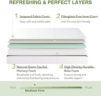 Full Size Memory Foam Mattress, 8 Inch Bed Mattress in A Box with Cooling Green Tea Gel, Pressure Relief with Medium Firm Support, CertiPUR-US Certified, 75''L x 54''W, ‎37.3 pounds White