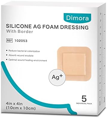 Dimora Silicone Foam Dressing Silver Ag Sterile Wound Bandage with Gentle Silicone Adhesive Border 4"x 4" Waterproof Breathable Ultra Absorbent Pads