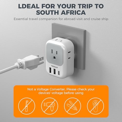 South Africa Plug Adapter 2 Pack, TESSAN Type M Power Adapter with 4 AC Outlets 3 USB Ports(1 USB C), Travel Adaptor US to Botswana Namibia Nepal Bhutan