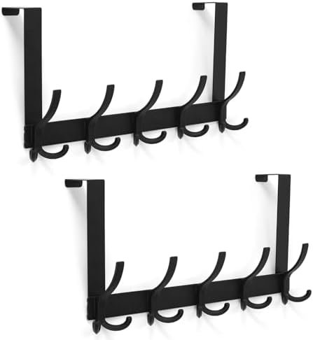 Door Hanger Hook, Over The Door Hooks for Hanging, Over The Door Towel Racks for Bathroom, Over The Door Hanger - 5 Triple Hooks for Towel, Clothes and Hat (Black, 2 Pack), TRI-1P