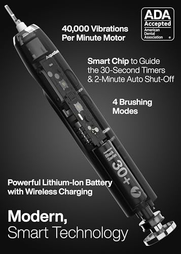 Aquasonic Black Series Ultra Whitening Toothbrush – ADA Accepted Electric Toothbrush- 8 Brush Heads & Travel Case – 40,000 VPM Electric Motor & Wireless Charging - 4 Modes w Smart Timer