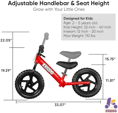 KRIDDO Toddler Balance Bike 2 Year Old, Age 18 Months to 5 Years Old, 12 Inch Push Bicycle with Customize Plate (3 Sets of Stickers Included), Steady Balancing, Gift Bike for 2-3 Boys Girls, Red