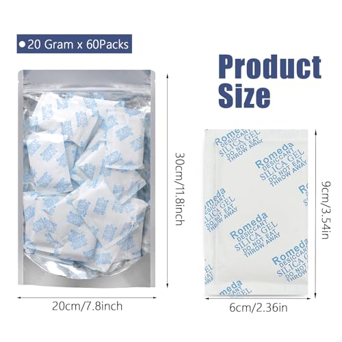 Romeda 60 Pcs 20 Gram Silica Gel Packs, Transparent Desiccant, Desiccant Packets for Storage, Moisture Packs for Spices Jewelry Shoes Boxes Electronics Storage