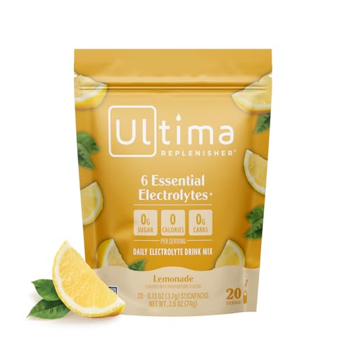 Ultima Replenisher Daily Electrolyte Powder Drink Mix – Sugar Free – Lemonade, 20 Stickpacks – Hydration Packets with 6 Key Electrolytes and Trace Minerals – Keto Friendly, Vegan, Non-GMO