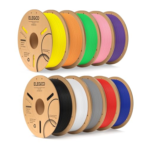 ELEGOO PLA Filament Bundle 10KG, 1.75mm 3D Printer Filament Dimensional Accuracy +/- 0.02mm 10 Assortment Colors, 1kg Spool(2.2lbs) Black/White/Gray/Red/Yellow/Orange/Dark Blue/Neon Green/Pink/Purple
