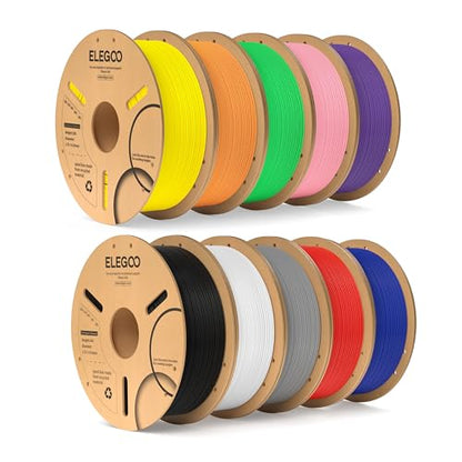 ELEGOO PLA Filament Bundle 10KG, 1.75mm 3D Printer Filament Dimensional Accuracy +/- 0.02mm 10 Assortment Colors, 1kg Spool(2.2lbs) Black/White/Gray/Red/Yellow/Orange/Dark Blue/Neon Green/Pink/Purple