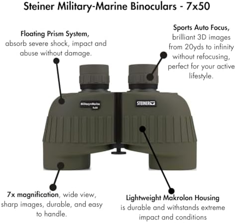 Steiner Military-Marine Series Binoculars, Lightweight Tactical Precision Optics for Any Situation, Waterproof, Green, 7x50