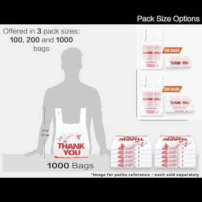 1000PCS White “Thank You” T-Shirt Bags – Reusable & Disposable Grocery and Supermarket Shopping Bags, 11"x6"x21"