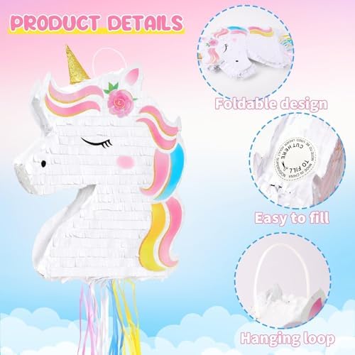 WERNNSAI Foldable Unicorn Piñata - Pull String Unicorn Birthday Party Supplies Extendable Unicorn with Blindfold Bat and Tassels Unicorn Birthday Party Decoration Games Folding Piñatas for Kids