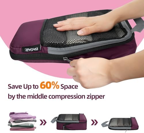 BAGAIL 4 Set/6 Set/8 Set Compression Packing Cubes Travel Accessories Expandable Packing Organizers (Half Mesh, 6-Burgundy)